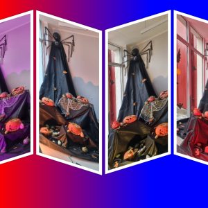 Centrą puošia mokinių kompozicija ,,Linksmasis moliūgų paradas“