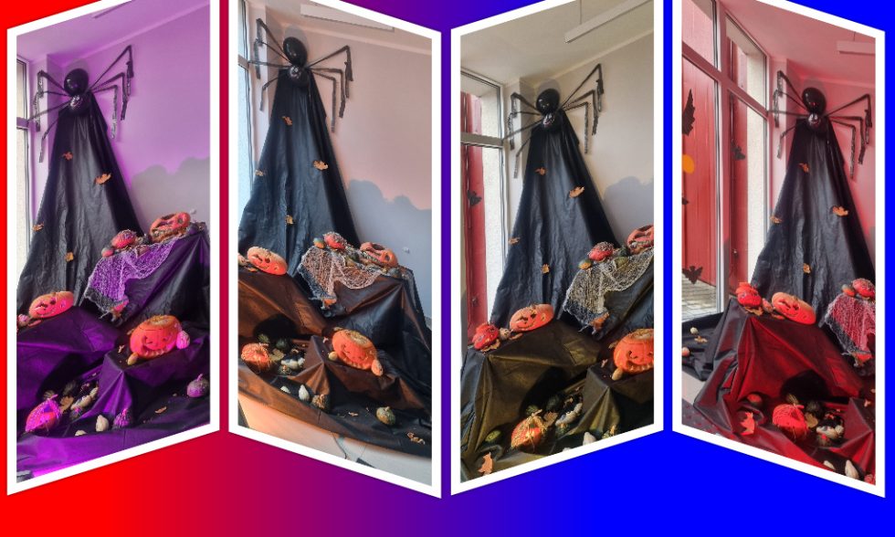 Centrą puošia mokinių kompozicija ,,Linksmasis moliūgų paradas“