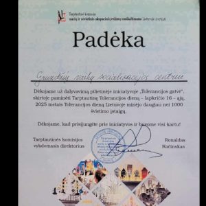 Gruzdžių vaikų socializacijos centras įvertintas už dalyvavimą Tolerancijos dienos iniciatyvoje